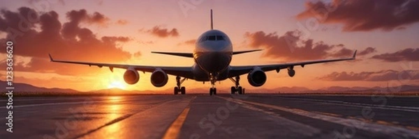 Fototapeta Plane touches down on runway as vibrant sunset fades behind it, clouds, atmosphere, airplane landing