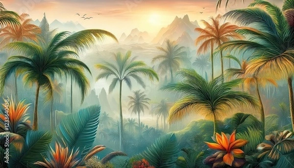 Fototapeta Vibrant Tropical Forest Landscape 3D Illustration, Immersing Viewers in a Lush, Exotic Jungle Paradise with Vast Flora and Fauna, Ideal for Digital Art, Home Decor, or Design Inspiration.