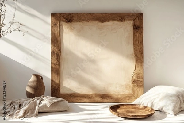 Fototapeta Square wooden frame mockup in a minimalist room with beige textiles and pottery.