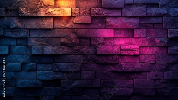 Obraz Dark Brick Wall Texture  Neon Purple and Orange Lights  Abstract Background