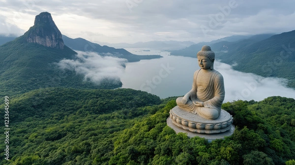 Fototapeta serene shot of Big Buddha statue on Lantau Island, surrounded by lush greenery and mountains
