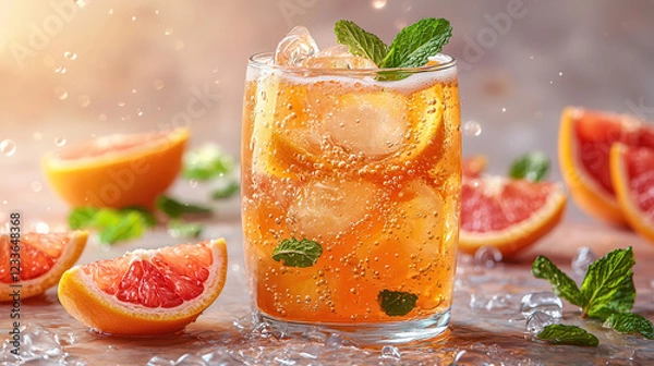 Fototapeta Refreshing Grapefruit Iced Tea: A vibrant glass of iced tea, garnished with fresh mint and grapefruit slices, sparkles with ice and sunlight.