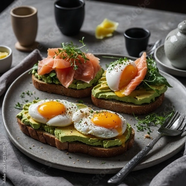 Obraz A gourmet breakfast with avocado toast, poached eggs, and smoked salmon.