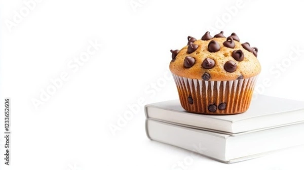 Obraz A chocolate chip muffin cartoon sitting on a stack of books, cozy and imaginative, isolated on white background