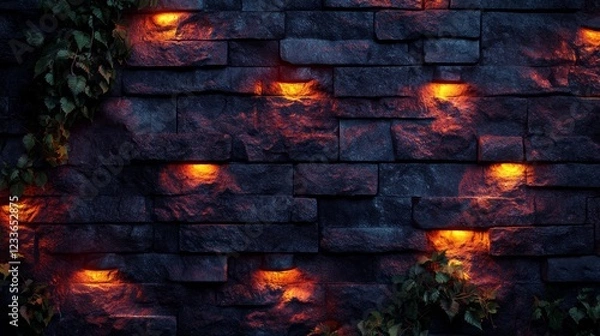 Obraz Dark Stone Wall with Warm Lights  Night Scene  Grunge Texture   Ivy  Exterior