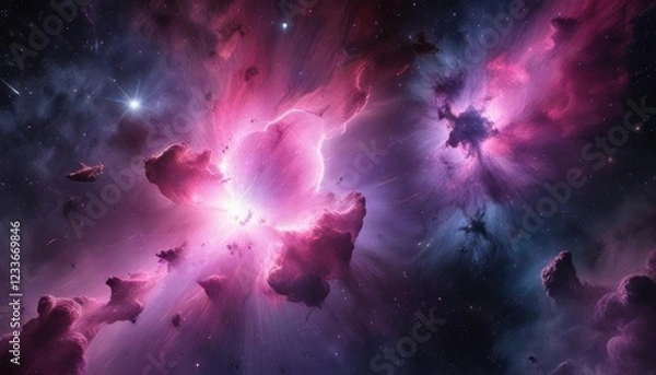 Fototapeta Purple and pink nebula in abstract space with vibrant star clusters and dark nebulae , clouds, cosmos