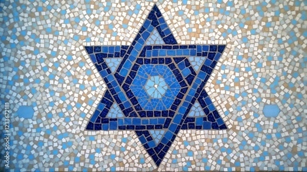 Fototapeta Mosaic artwork featuring a blue and white star of David in a religious space or community center