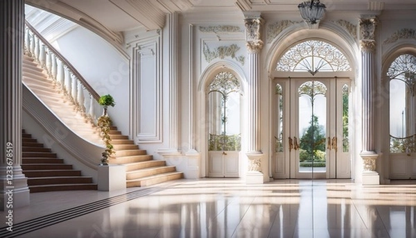 Fototapeta オンラインミーティング用背景 テレビ会議 背景用 CG 豪華なホテルのエントランス 大邸宅 ホール 宮殿 video conferencing background for using in video conference and as a zoom background.