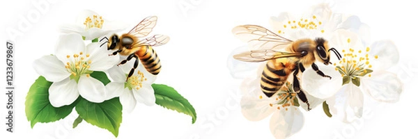 Fototapeta Set of a, Honey bee on a white flower, isolated on a transparent background.