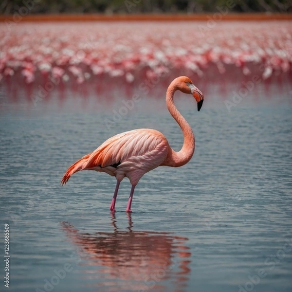 Fototapeta A flamingo standing in a shallow lagoon with pink-hued water.