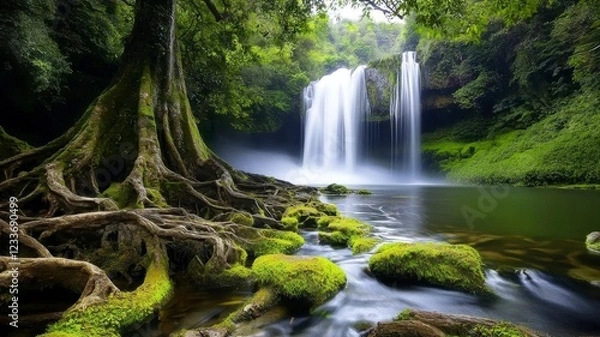 Fototapeta Tropical waterfall lagoon tranquil concept. A serene landscape featuring a majestic waterfall cascading into a lush, green pool surrounded by vibrant foliage and moss-covered rocks.