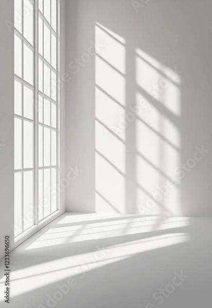 Fototapeta A clean, white room with sunlight streaming in through the window modern empty interior
