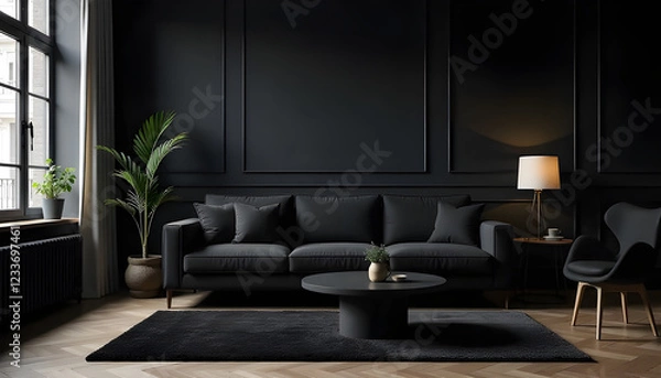 Fototapeta Black sofa, black sofa, Scandi design, dark carpet, large window