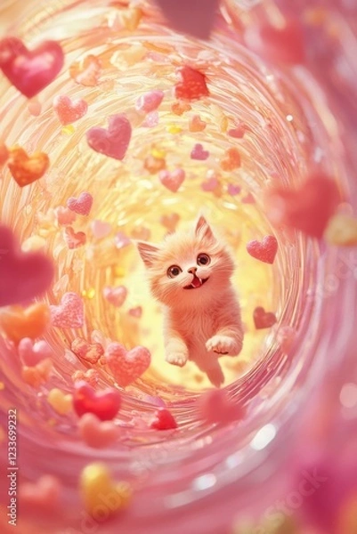 Fototapeta Cute cat with red heart for Valentine’s Day greeting card design