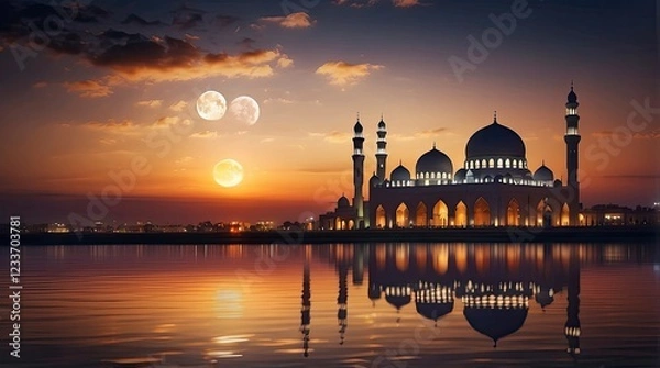 Fototapeta Serene Mosque at Sunset: Triple Moon, Water Reflection, and Peaceful Atmosphere