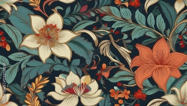 Fototapeta Elegant Vintage Floral Ornament Against a Dark Background A Timeless, Intricate Design Blending Romance and Elegance with Delicate Flowers and Greenery