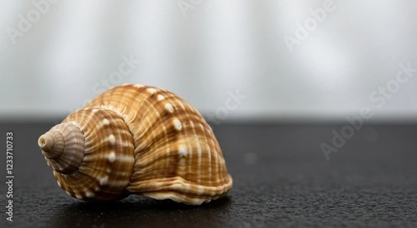 Fototapeta A detailed close-up of a brown and white seashell resting on a dark surface, with a soft, blurred background. The intricate patterns and textures highlight its natural beauty.