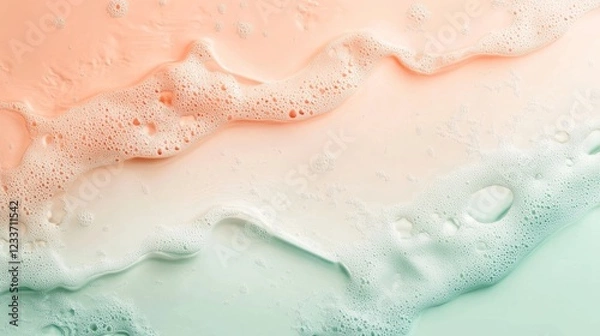 Fototapeta Close up abstract photo of creamy foam on a pastel green and orange background. The white bubbles are a perfect abstract shape and pattern, and the colors give a soft and gentle feel. 