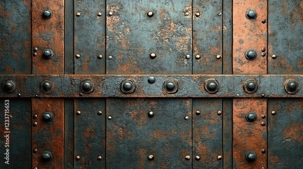 Fototapeta A weathered metal surface with rivets and textures, forming an industrial background