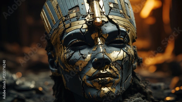 Fototapeta broken head of a stone statue of a stern Egyptian king with a straight jaw 