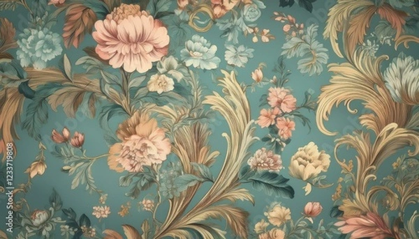 Fototapeta Elegant Floral Victorian Pattern Wallpaper in a Shabby Chic Style, Displaying Timeless Beauty and Delicate Charm, Ideal for Adding Vintage Flair to Modern Interiors.