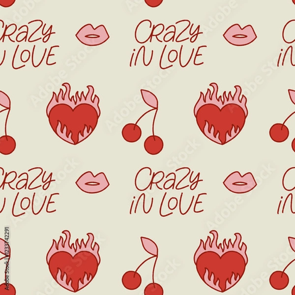 Fototapeta Vector pattern for Valentines day. Doodle design elements: lips, flaming heart, cherries and text. Design for cards, posters, wallpapers, wrapping paper.