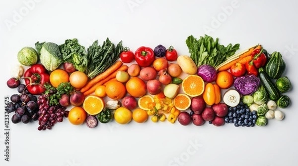 Fototapeta A collection of vibrant organic products arranged on a white background, highlighting fresh and healthy grocery options.