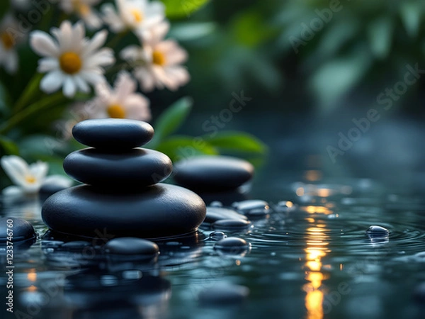 Obraz Tranquil Spa Background with Zen Stones, Water, and Relaxing Atmosphere - Generated by AI