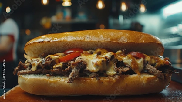 Fototapeta Philly Cheesesteak in a Rustic Diner Setting