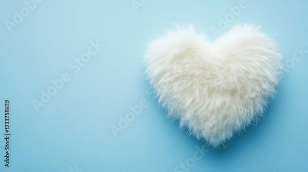 Fototapeta A fluffy white fur heart shape with a soft texture on a baby blue minimal background.