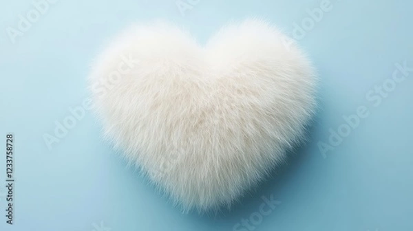 Fototapeta A fluffy white fur heart shape with a soft texture on a baby blue minimal background.
