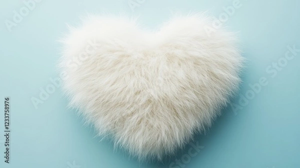 Fototapeta A fluffy white fur heart shape with a soft texture on a baby blue minimal background.
