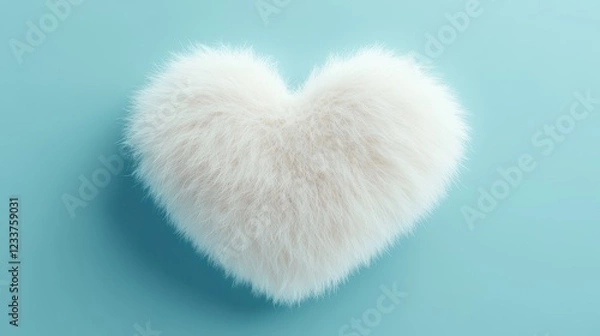 Fototapeta A fluffy white fur heart shape with a soft texture on a baby blue minimal background.