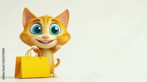 Fototapeta A funny, smiling ginger cat cartoon character with big eyes in 3D design style, standing with a paper shopping bag against a white background.