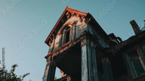 Obraz Low angle view of dilapidated Victorian house at sunset.