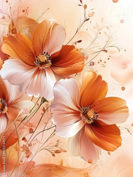 Fototapeta Abstract floral painting with orange and white petals on a soft peach background art style