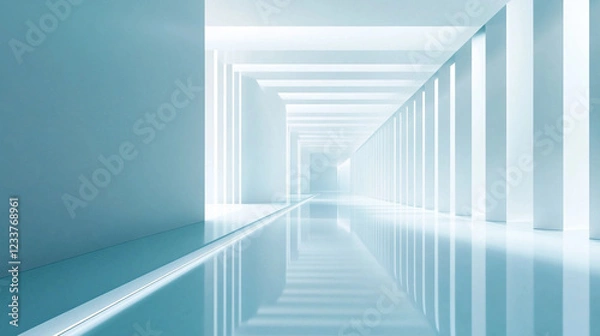 Fototapeta room with a window, Ethereal blue room with clouds and sunlight streaming in