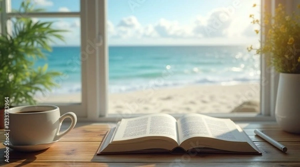 Fototapeta Indoor Desk with Book and Coffee by Window Beach View.
