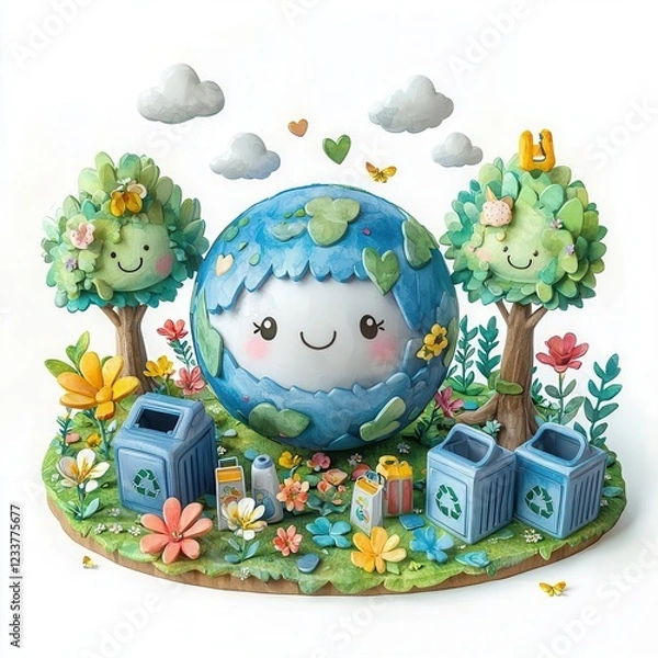 Fototapeta Eco-friendly Kawaii cartoon, 3D Playful Earth with trees and recycling bins, copy space for text