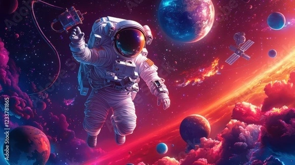 Fototapeta A vibrant astronaut floats in space, surrounded by colorful planets, cosmic clouds, and distant stars, creating a surreal and captivating cosmic scene.