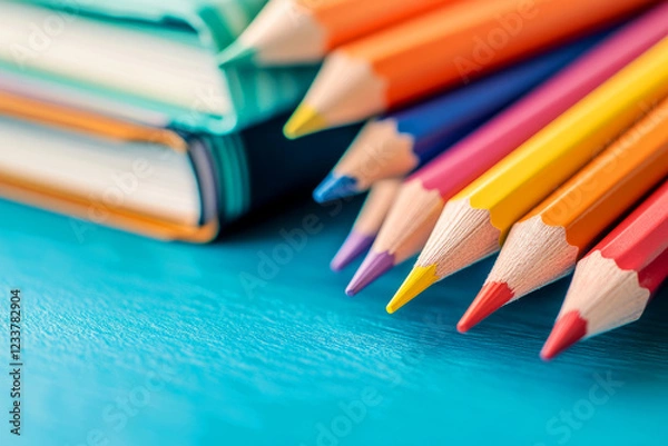 Fototapeta Vibrant Colored Pencils and Notebooks on a Bright Turquoise Surface