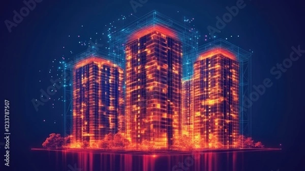 Fototapeta Low poly 3D wire mesh of a smart city An intelligent building automation system concept with binary code data flow showcasing technology in urban architecture