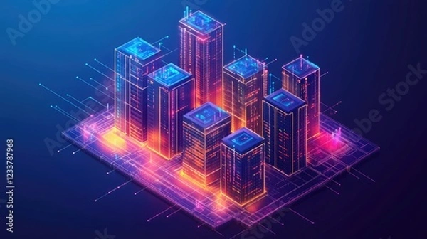 Fototapeta Low poly 3D wire mesh of a smart city An intelligent building automation system concept with binary code data flow showcasing technology in urban architecture