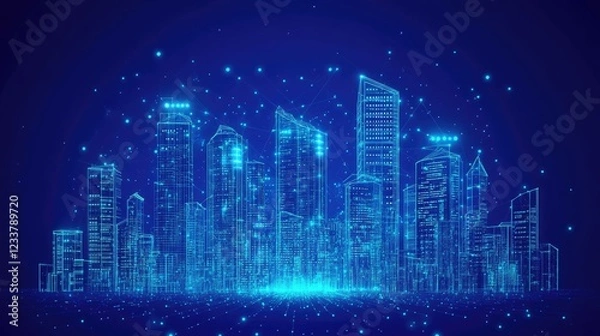 Fototapeta Low poly 3D wire mesh of a smart city An intelligent building automation system concept with binary code data flow showcasing technology in urban architecture