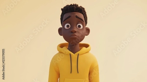 Fototapeta A 3D sad, stressed, and upset cartoon African boy transitioning to a young adult man, depicted in a yellow hoodie, representing a range of emotional struggles.