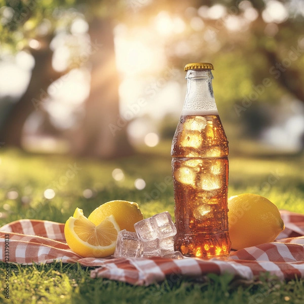 Obraz A bottle of soda with ice cubes and a slice of lemon, condensation on the bottle, set against a casual picnic background