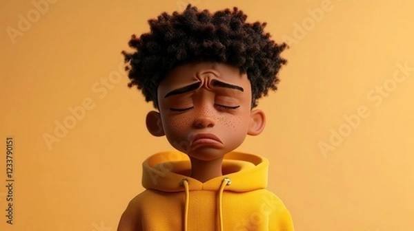 Fototapeta A 3D sad, stressed, and upset cartoon African boy transitioning to a young adult man, depicted in a yellow hoodie, representing a range of emotional struggles.