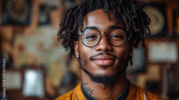 Fototapeta Portrait of a smiling young Black man with dreadlocks and glasses