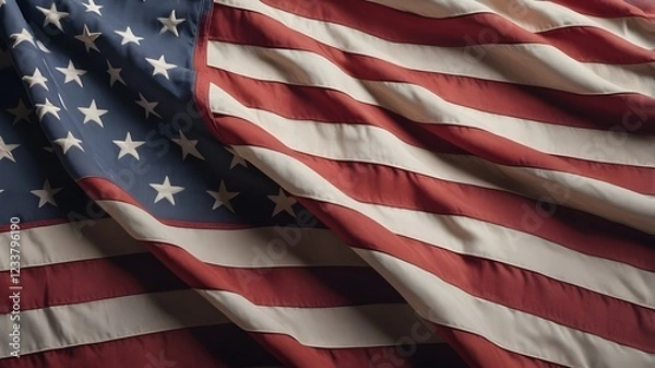 Fototapeta A close-up of a detailed, gently wrinkled American flag fabric with realistic textures and a wide area for text overlay. For Presidents' Day.
