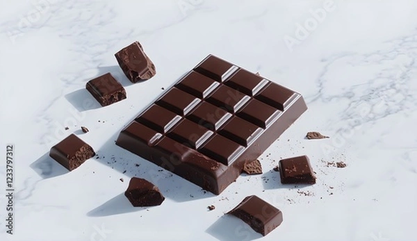 Fototapeta A single chocolate bar, broken into pieces and scattered around it on a white background, 3D illustration style, digital art, product photography, high resolution, hyper-realistic, ultra-detailed, 
